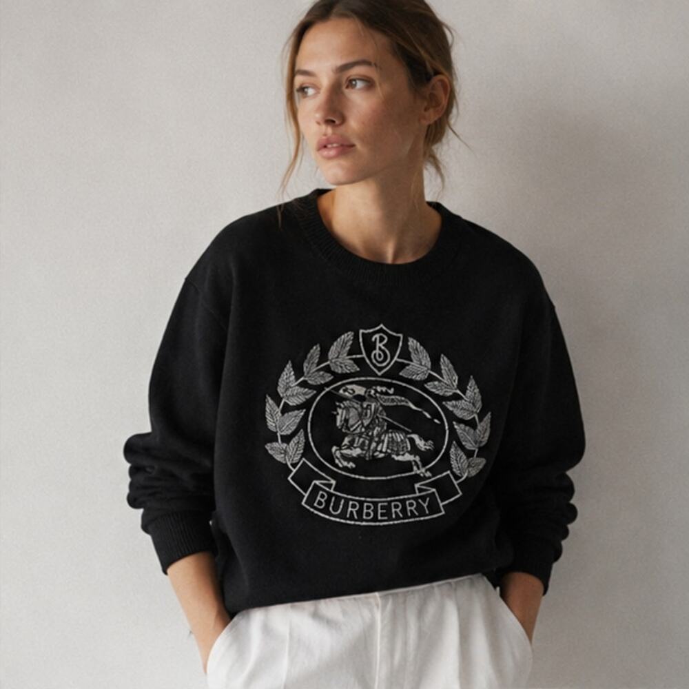 Burberry Bilston Logo Knitted Merino Wool Sweater Unisex Womens L Black Crewneck